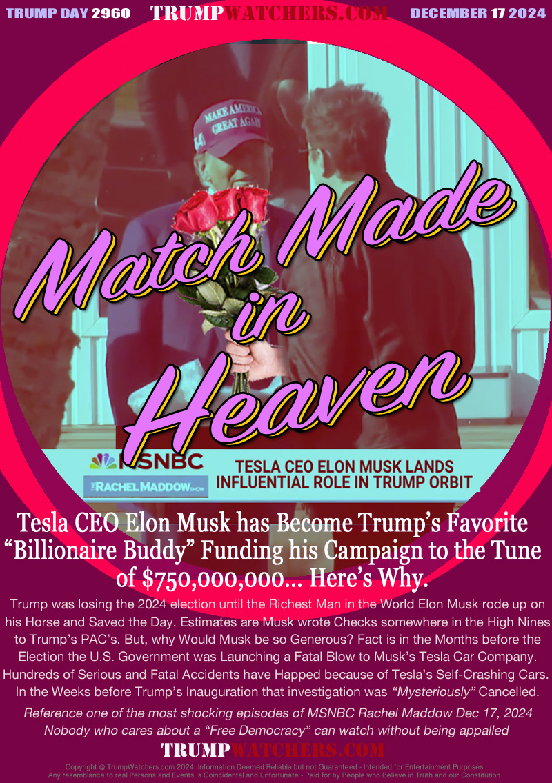 Tesla CEO Elon Musk has Become Trump’s Favorite
“Billionaire Buddy” Funding his Campaign to the Tune
of $750,000,000... Here’s Why.

Trump was losing the 2024 election until the Richest Man in the World Elon Musk rode up on
his Horse and Saved the Day. Estimates are Musk wrote Checks somewhere in the High Nines
to Trump’s PAC’s. But, why Would Musk be so Generous? Fact is in the Months before the
Election the U.S. Government was Launching a Fatal Blow to Musk’s Tesla Car Company.
Hundreds of Serious and Fatal Accidents have Happed because of Tesla’s Self-Crashing Cars. 
In the Weeks before Trump’s Inauguration that investigation was “Mysteriously” Cancelled.
Reference one of the most shocking episodes of MSNBC Rachel Maddow Dec 17, 2024
Nobody who cares about a “Free Democracy” can watch without being appalled